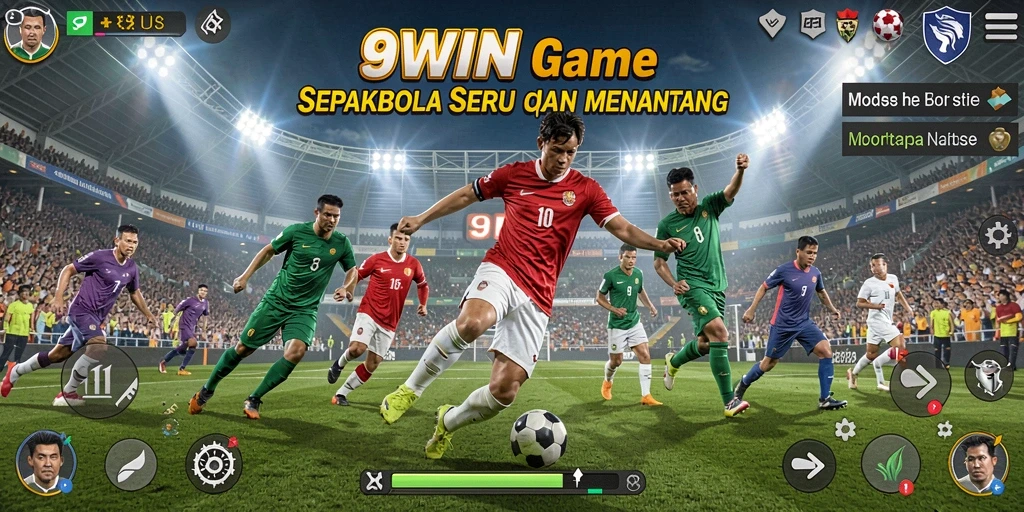 Screenshot utama 9WIN menampilkan aksi intens di lapangan sepakbola.