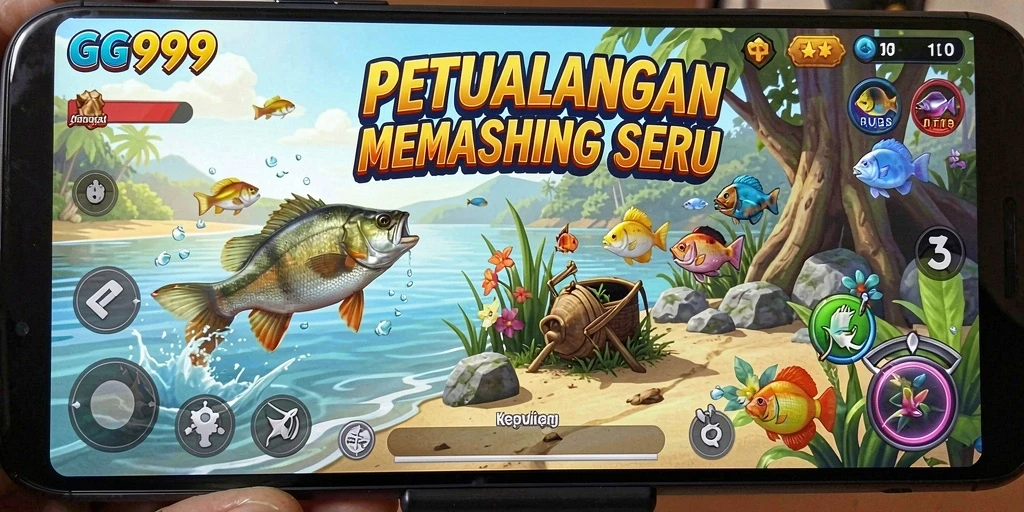 Screenshot utama gameplay GG999 menampilkan aksi memancing yang mendebarkan.