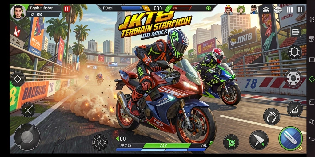Screenshot dari gameplay JKT8 menunjukkan aksi balapan motor yang mendebarkan.