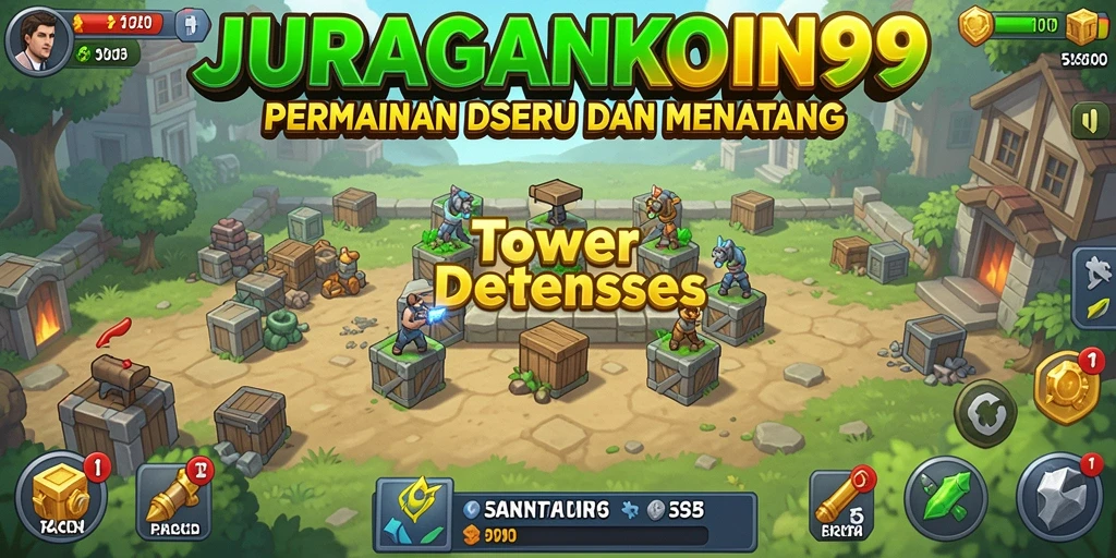 Tampilan gameplay seru dari JURAGANKOIN99 dengan menara dan musuh yang beragam.