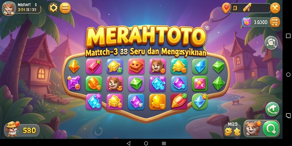 Screenshot utama MERAHTOTO menampilkan aksi match-3 yang seru dan menarik.