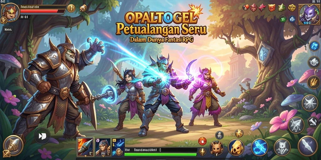 Screenshot menunjukkan pertarungan seru dalam OPALTOGEL dengan berbagai karakter RPG.