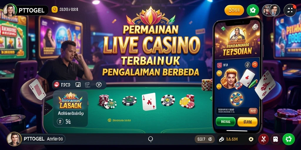 Screenshot gameplay PTTOGEL yang menunjukkan dealer dan suasana permainan Live Casino.