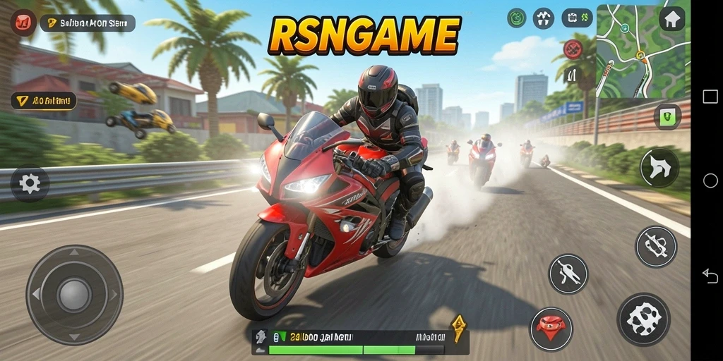 Tampilan gameplay seru dalam balapan motor RSNGAME.